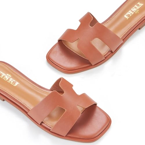 Sandals for Women 2025 dressy slides flat open toe comfortable soft leather slip on ladies casual wide width cute trendy shoes summer beach