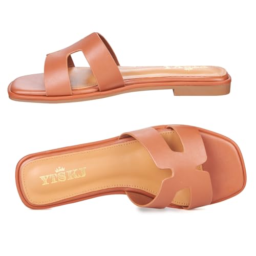 Sandals for Women 2025 dressy slides flat open toe comfortable soft leather slip on ladies casual wide width cute trendy shoes summer beach