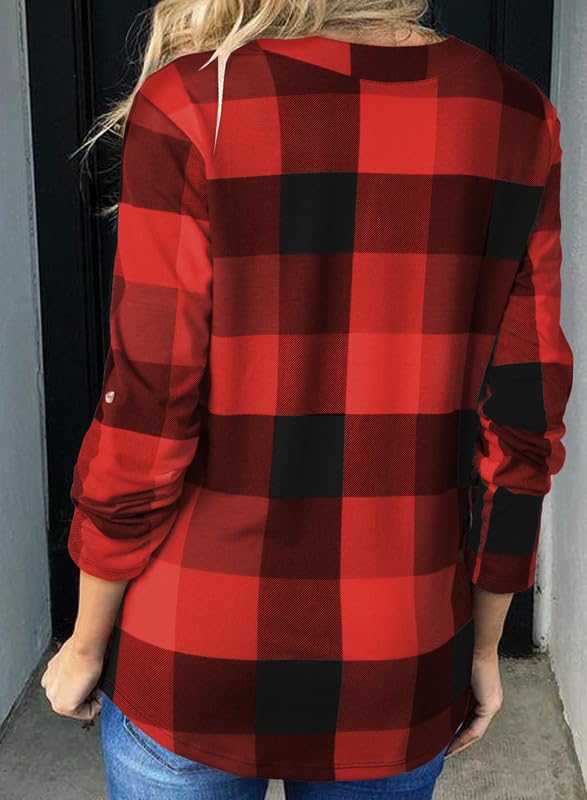 Dokotoo Womens Basic Casual V Neck Plaid Print Cuffed Long Sleeve Work Tops Blouses Shirts S-3XL
