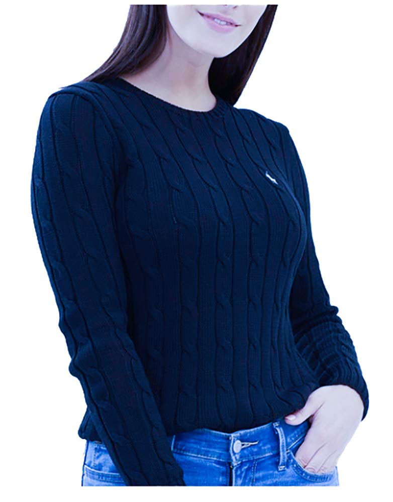 RALPH LAUREN Women's Crewneck Cable Knit Pony Logo Sweater