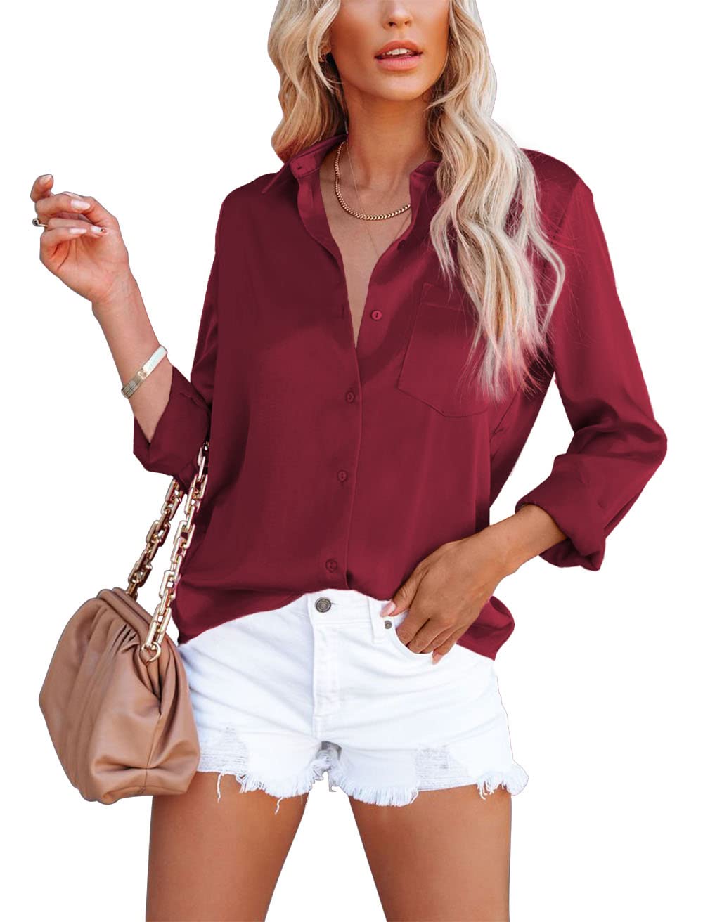 OMSJ Women's Button Down Shirts Satin V Neck Long Sleeve Casual Work Blouse Tops with Pocket