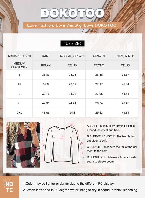 Dokotoo Womens Basic Casual V Neck Plaid Print Cuffed Long Sleeve Work Tops Blouses Shirts S-3XL