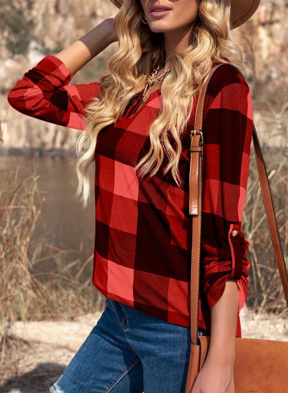 Dokotoo Womens Basic Casual V Neck Plaid Print Cuffed Long Sleeve Work Tops Blouses Shirts S-3XL