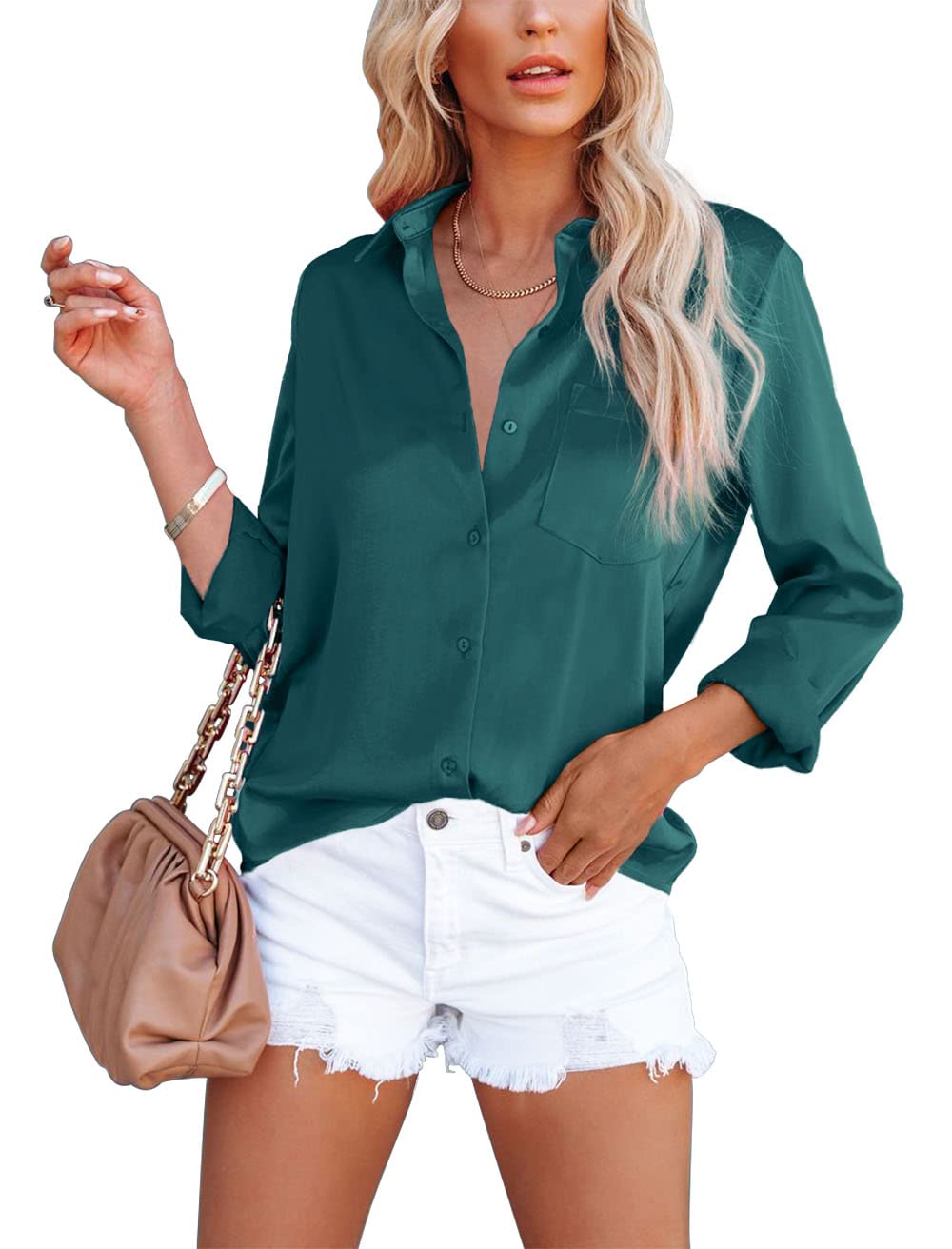 OMSJ Women's Button Down Shirts Satin V Neck Long Sleeve Casual Work Blouse Tops with Pocket