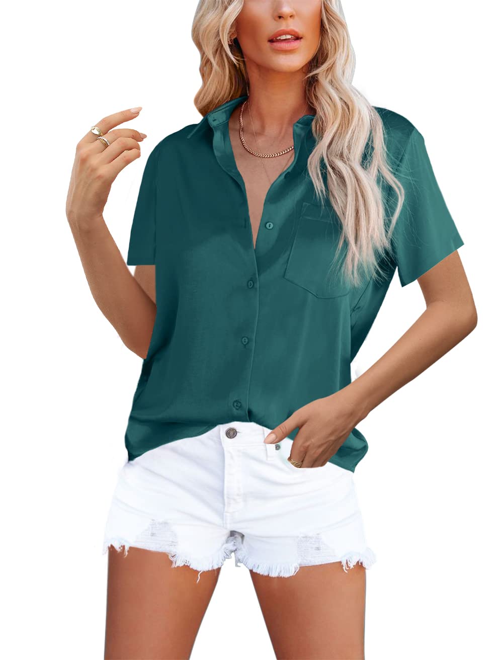 OMSJ Women's Button Down Shirts Satin V Neck Long Sleeve Casual Work Blouse Tops with Pocket