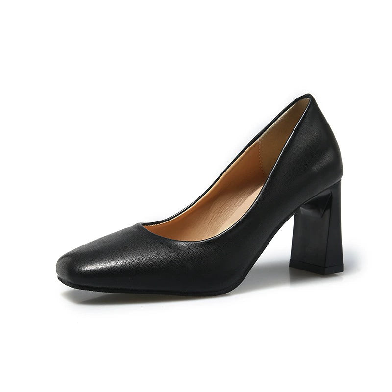OL European and American-Style Square-Toe Black Soft Leather Comfortable High Heels