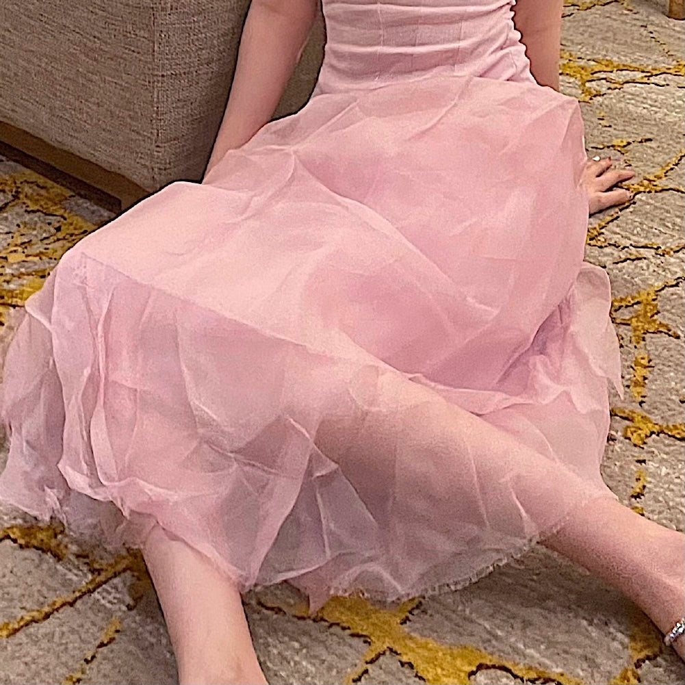 Super White Cherry Blossom Pink Multi-Layer Mesh Bubble Skirt Tube Top