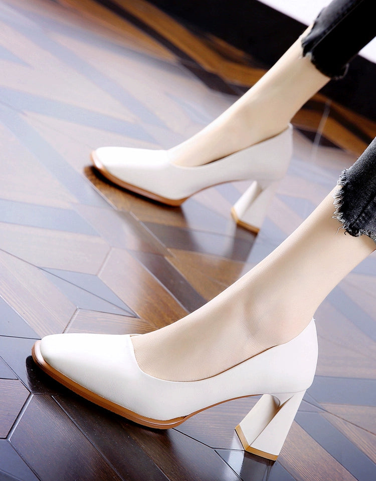 OL European and American-Style Square-Toe Black Soft Leather Comfortable High Heels