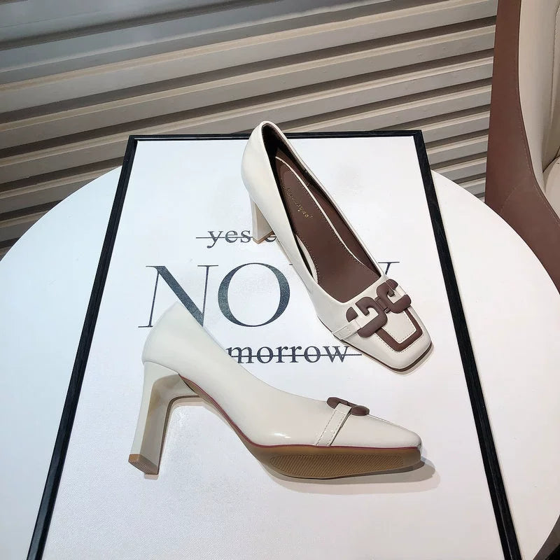 Fashion 2024 Spring New Arrival Special-Interest Design Metal Buckle Square Toe Patent Leather High Heels Chunky Heel All-Matching Ol Commuter Shoes
