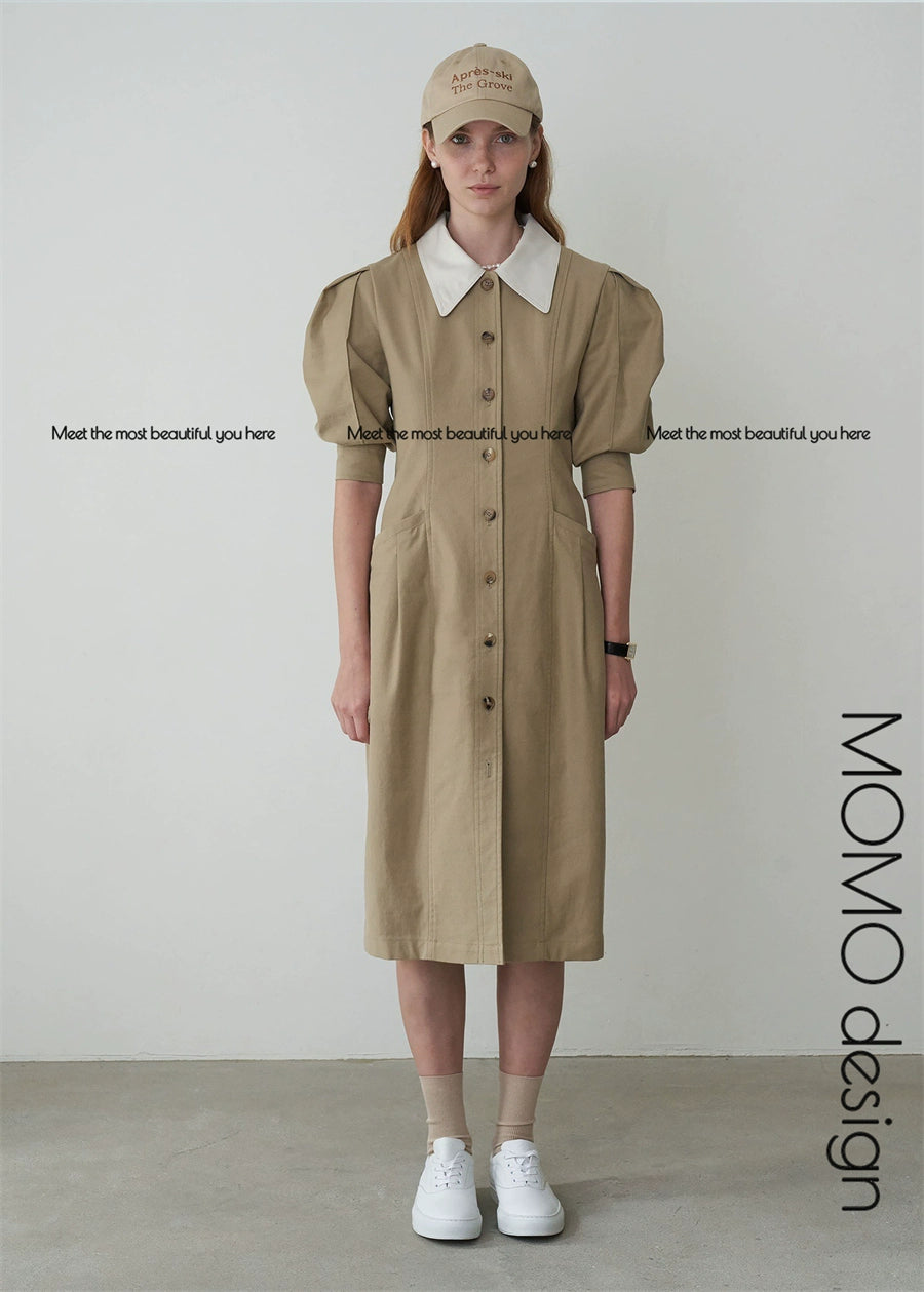 In Stock Grove 22 Early Spring New Peter Pan Collar Retro Puff Sleeve Mid Length Long Length Trench Coat Dress