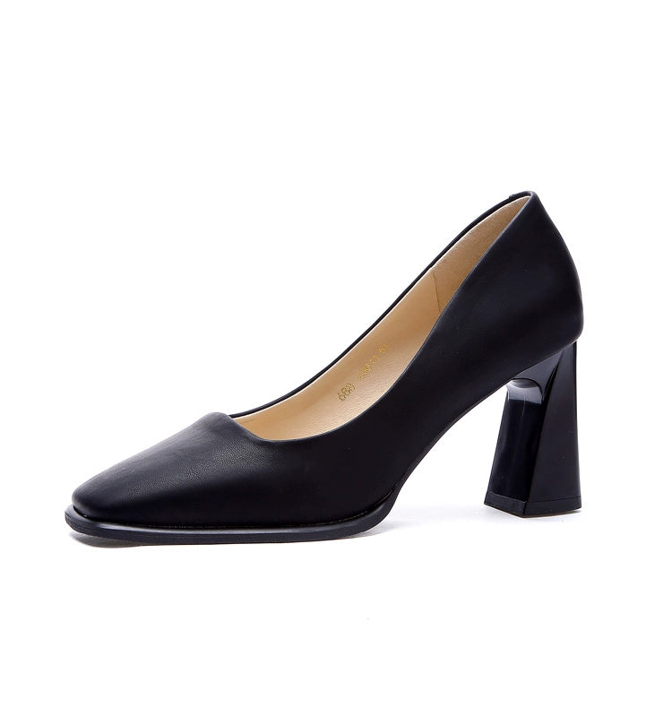 OL European and American-Style Square-Toe Black Soft Leather Comfortable High Heels