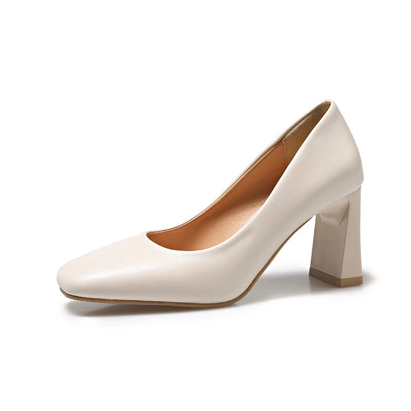 OL European and American-Style Square-Toe Black Soft Leather Comfortable High Heels