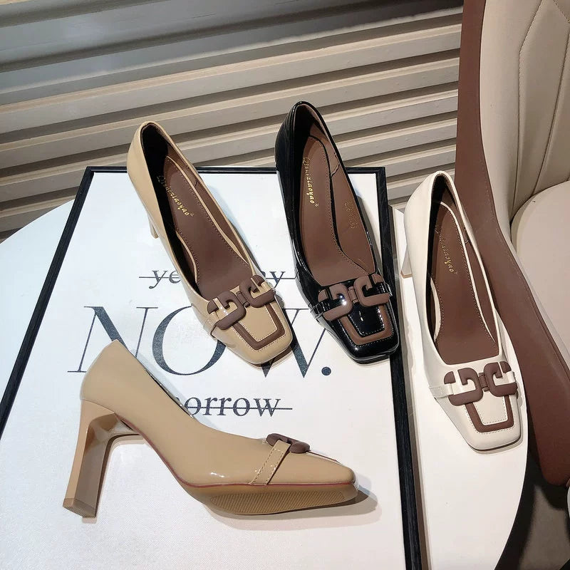 Fashion 2024 Spring New Arrival Special-Interest Design Metal Buckle Square Toe Patent Leather High Heels Chunky Heel All-Matching Ol Commuter Shoes