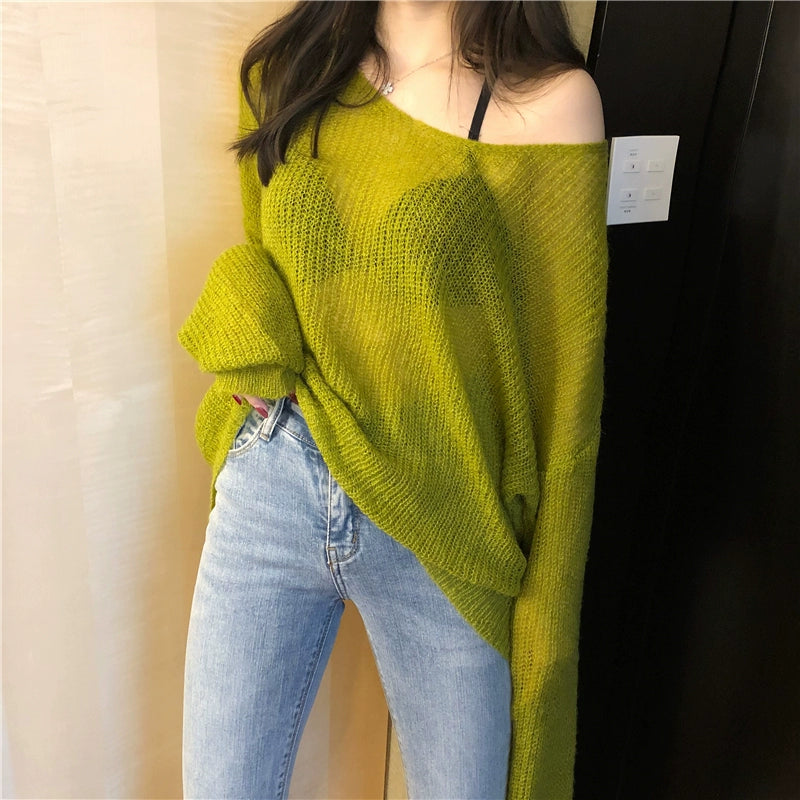 Early Spring and Autumn 2024 New and Thin K-style Loose Mohair Idle Style Hollow out V-neck Woolen Knit Smock Top Women