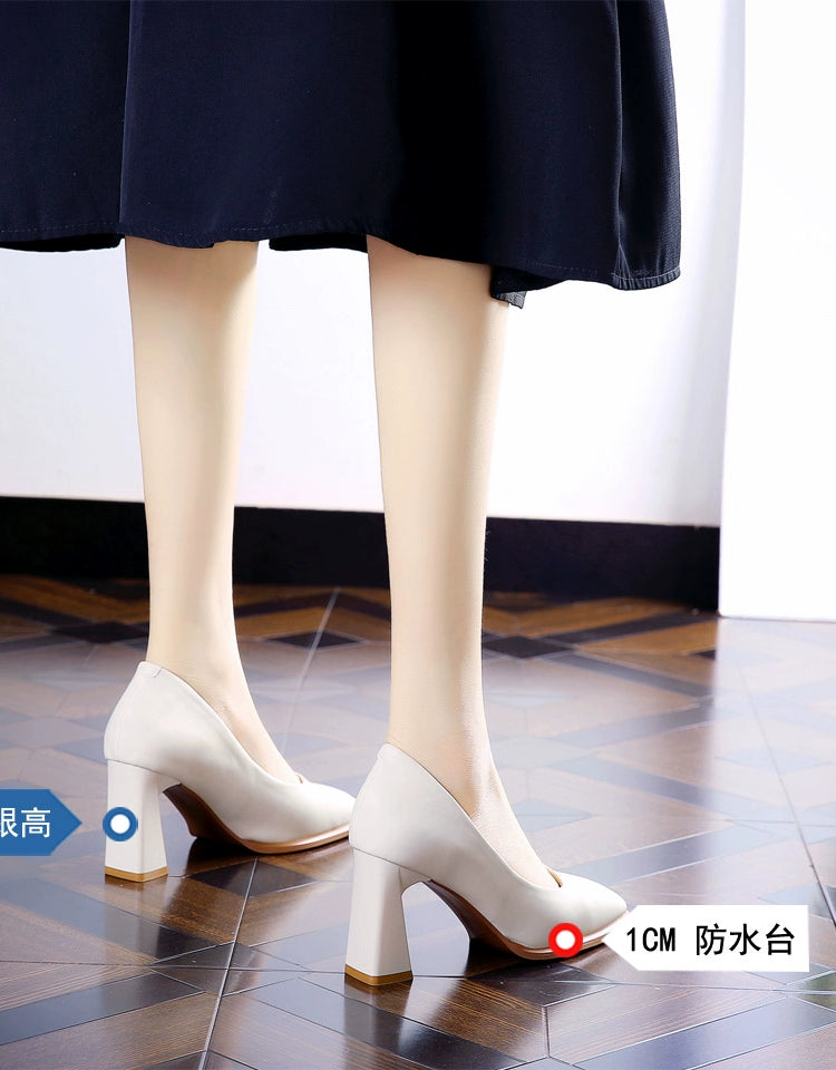 OL European and American-Style Square-Toe Black Soft Leather Comfortable High Heels