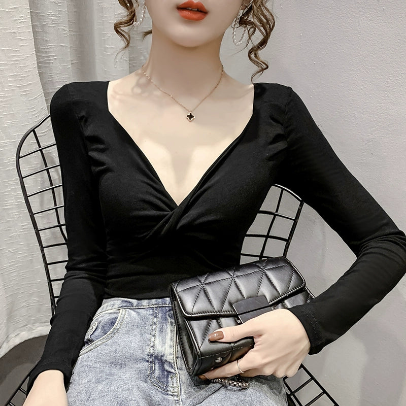 Women's Low-Cut V-neck Sexy Bottoming Shirt 2024 New Arrival Early Spring Top Elegant Silm Kinked Stylish Long Sleeves T-Shirt