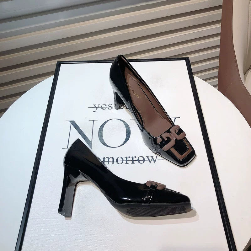 Fashion 2024 Spring New Arrival Special-Interest Design Metal Buckle Square Toe Patent Leather High Heels Chunky Heel All-Matching Ol Commuter Shoes