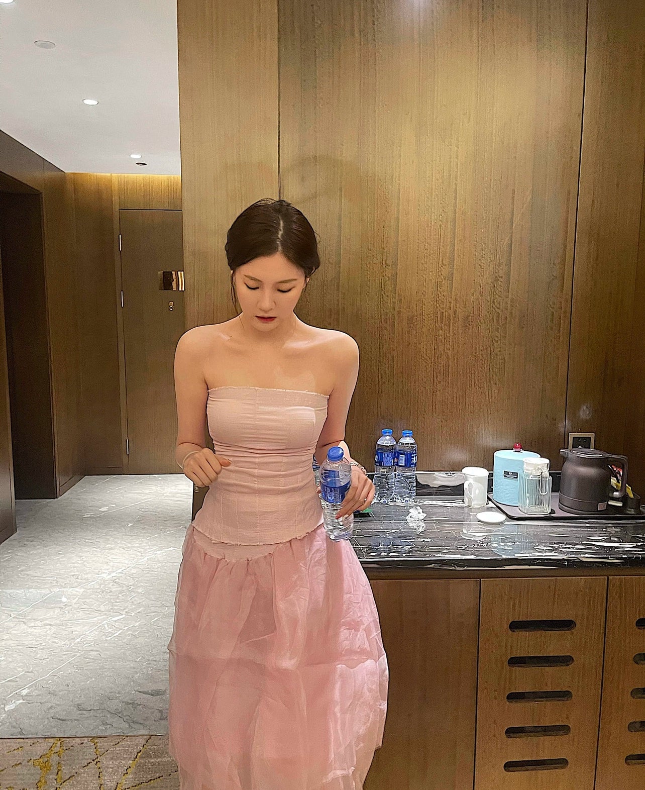 Super White Cherry Blossom Pink Multi-Layer Mesh Bubble Skirt Tube Top