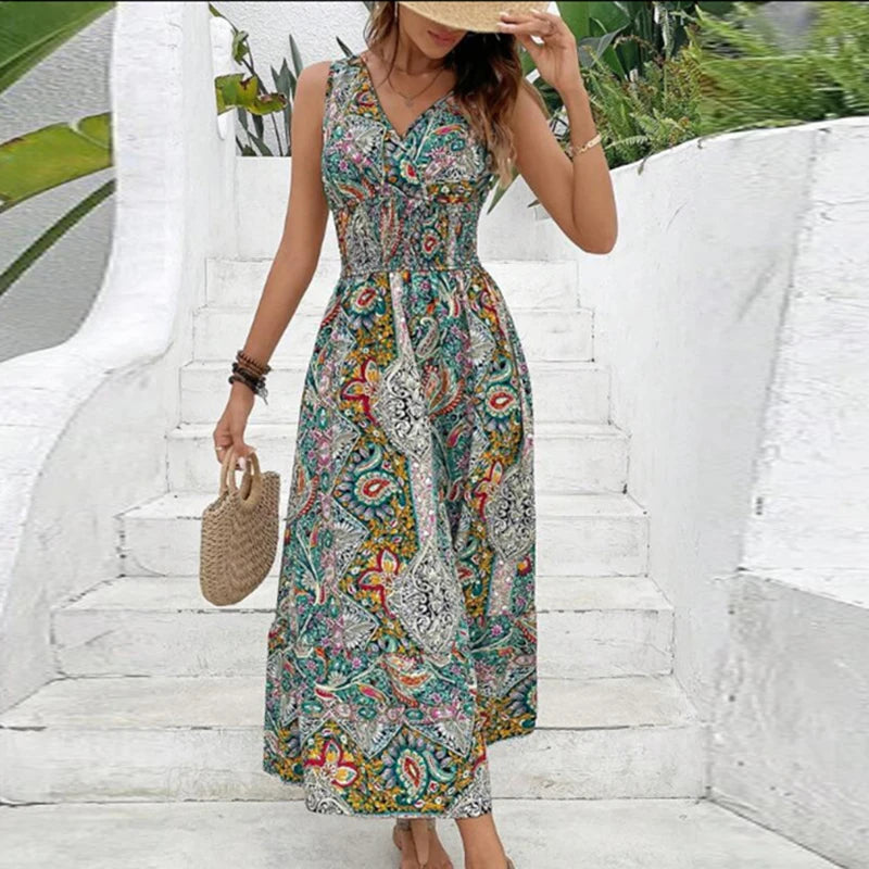 Women Flower Print Dress Boho A-Line Long Dress Women Summer Vintage Maxi Dresses Casual Loose Holiday Party Dress 2023