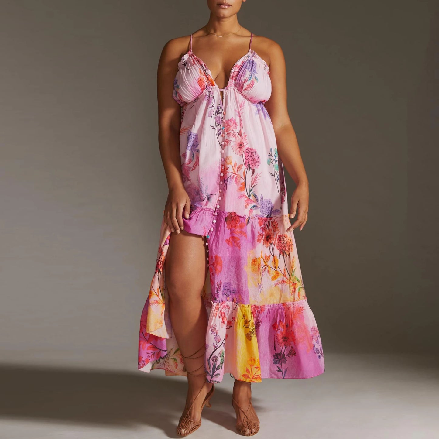 Women Fashion Boho Floral Print Long Flowy Sleeveless Cami Sexy Spaghetti Strap Maxi Backless Party Dress