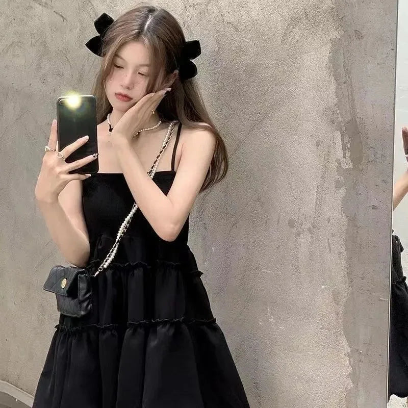 Lucyever Sweet Cute Fluffy Dresses for Women Summer New Spaghetti Strap Black Dress Woman Sleeveless Birthday Party Dress