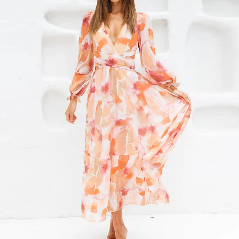 New 2023 Autumn Long Sleeved Pleated Party Dress Casual High Waist Holiday Maxi Dress Ladies V-neck Floral Print Bohemian Dress