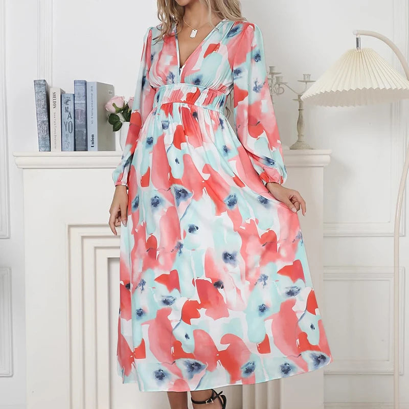 New 2023 Autumn Long Sleeved Pleated Party Dress Casual High Waist Holiday Maxi Dress Ladies V-neck Floral Print Bohemian Dress