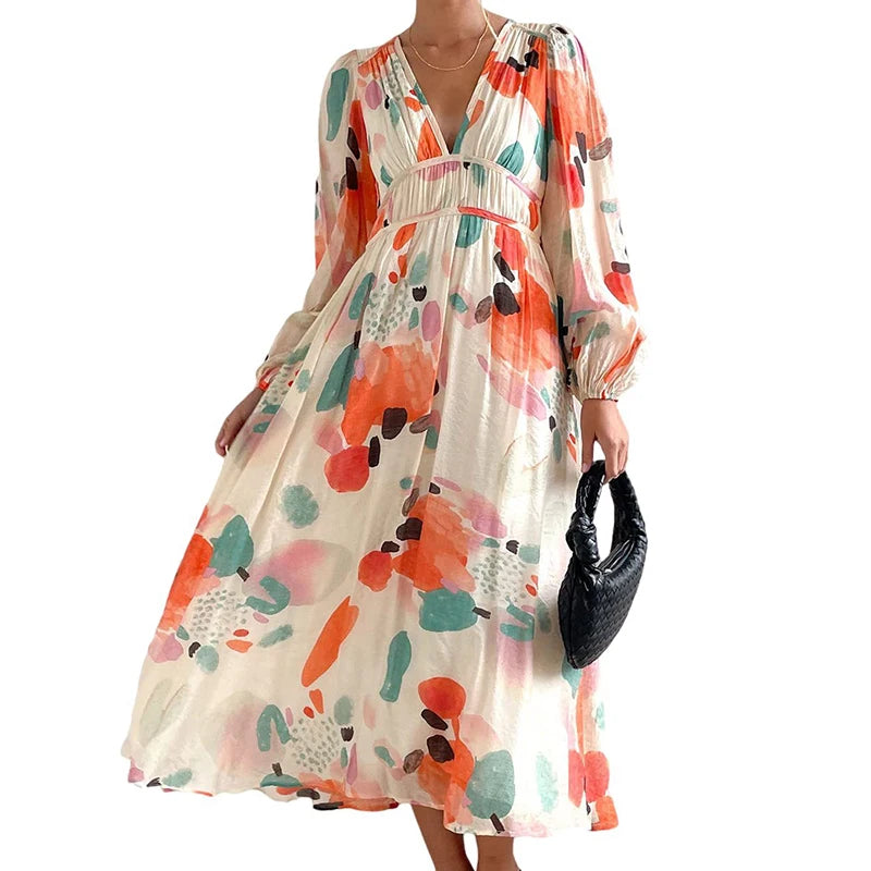 New 2023 Autumn Long Sleeved Pleated Party Dress Casual High Waist Holiday Maxi Dress Ladies V-neck Floral Print Bohemian Dress