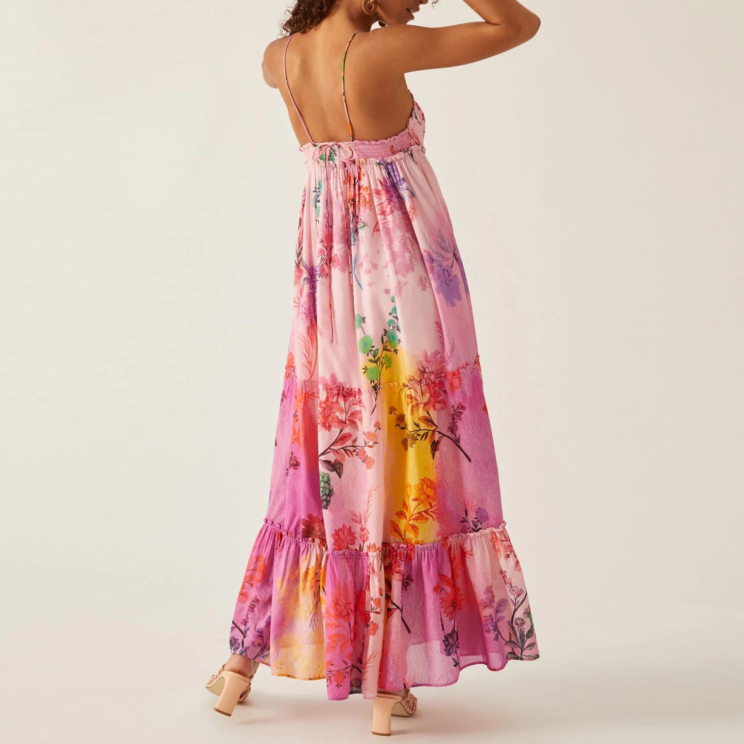 Women Fashion Boho Floral Print Long Flowy Sleeveless Cami Sexy Spaghetti Strap Maxi Backless Party Dress