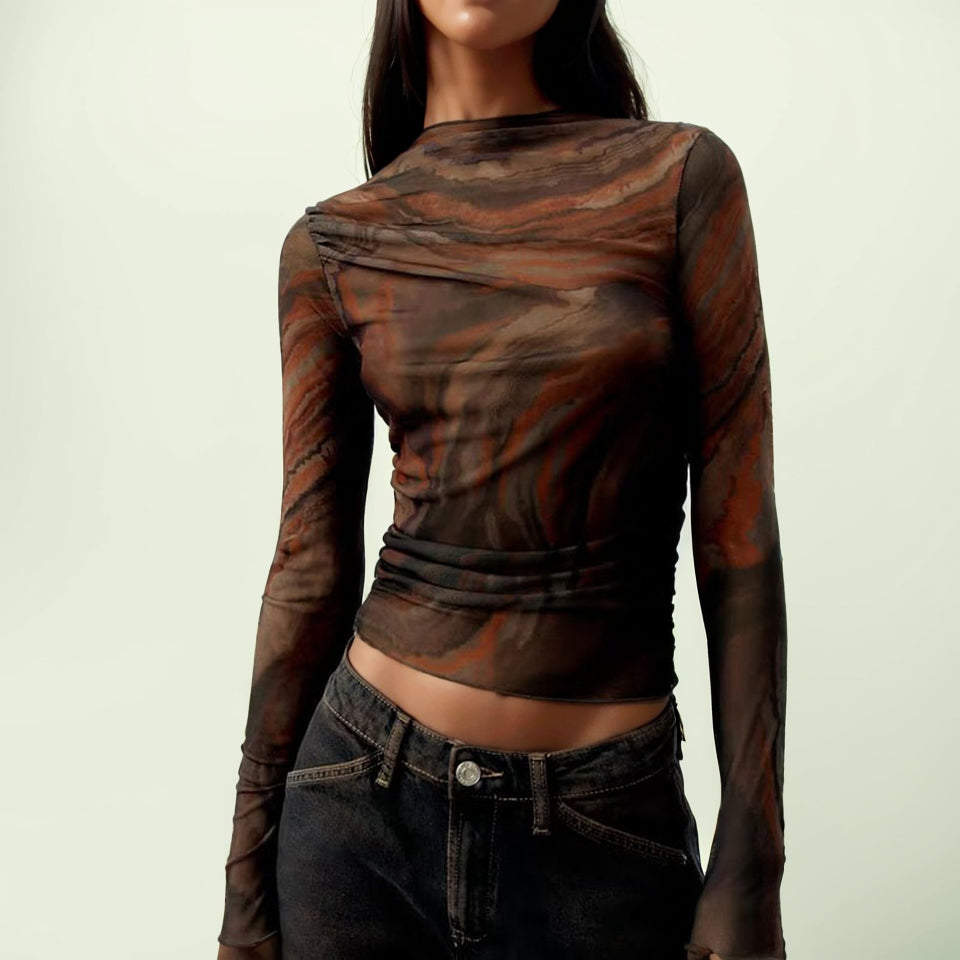Print Silm Bandage Dress Inner Translucent Long Sleeves T-shirt