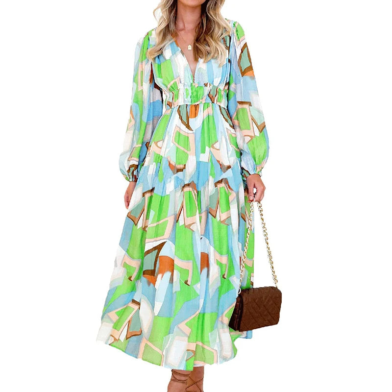 New 2023 Autumn Long Sleeved Pleated Party Dress Casual High Waist Holiday Maxi Dress Ladies V-neck Floral Print Bohemian Dress