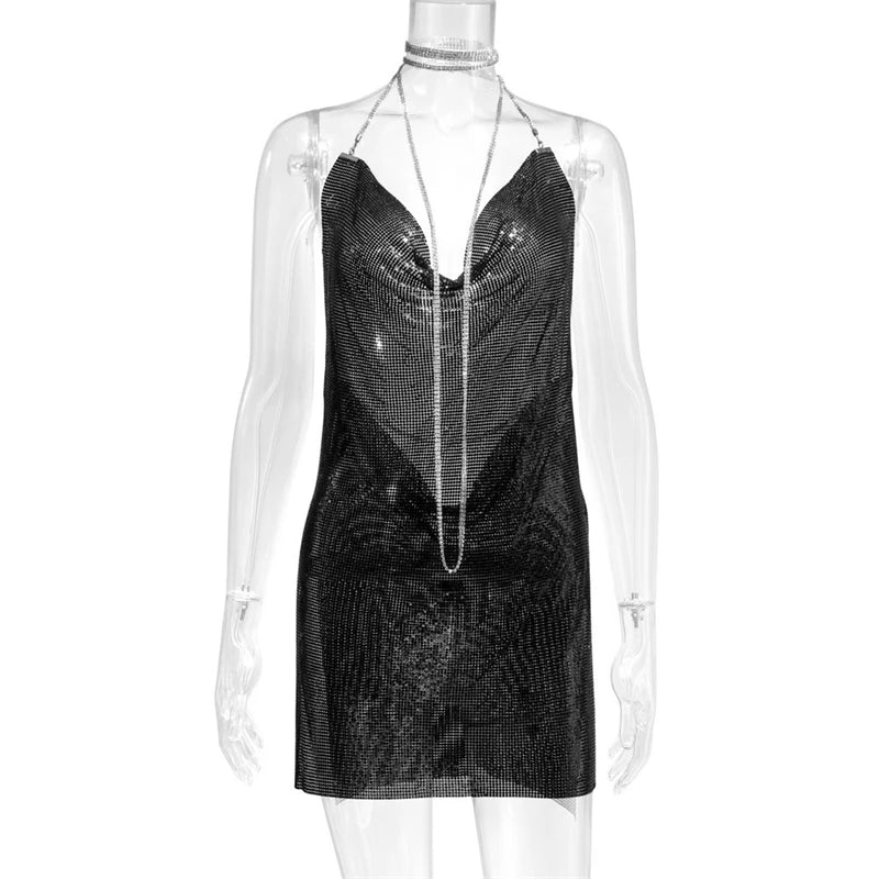 Sexy Silver Sequin Mini Dress For Women Sleeveless Metal Body Chain Party Dress 2024 Women Backless Split Evening Y2K Vestidos
