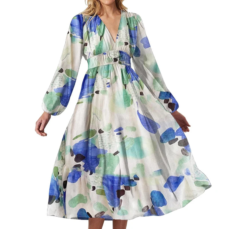 New 2023 Autumn Long Sleeved Pleated Party Dress Casual High Waist Holiday Maxi Dress Ladies V-neck Floral Print Bohemian Dress