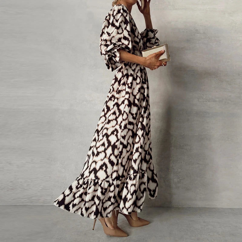 New Pattern Print Lantern Sleeve Long Dress Elegant V Neck High Waist Ruffles Party Dress Summer Temperament Holiday Split Dress