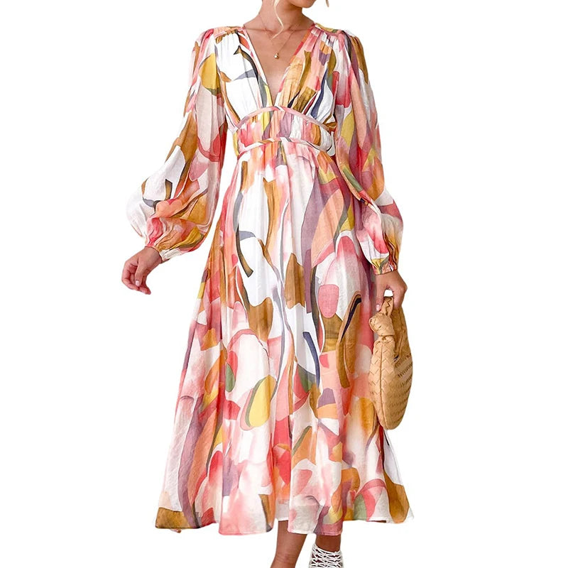 New 2023 Autumn Long Sleeved Pleated Party Dress Casual High Waist Holiday Maxi Dress Ladies V-neck Floral Print Bohemian Dress