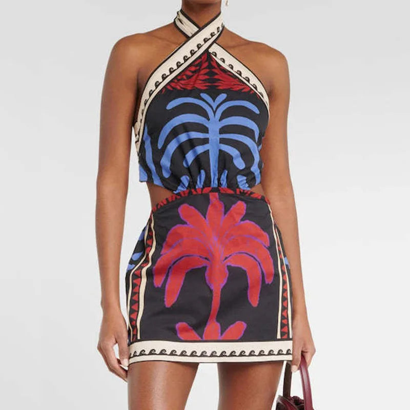 Sexy Halter Lace-up Backless Party Dress Women 2024 Spring Pattern Print Slim Mini Dress Summer Sleeveless Hollow Office Dresses