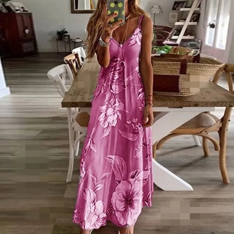 Plus Size 2023 Spring Summer Dress Purple Floral Print V-Neck Long Dresses Casual Bohemian Sleeveless Women Beach Party Dress