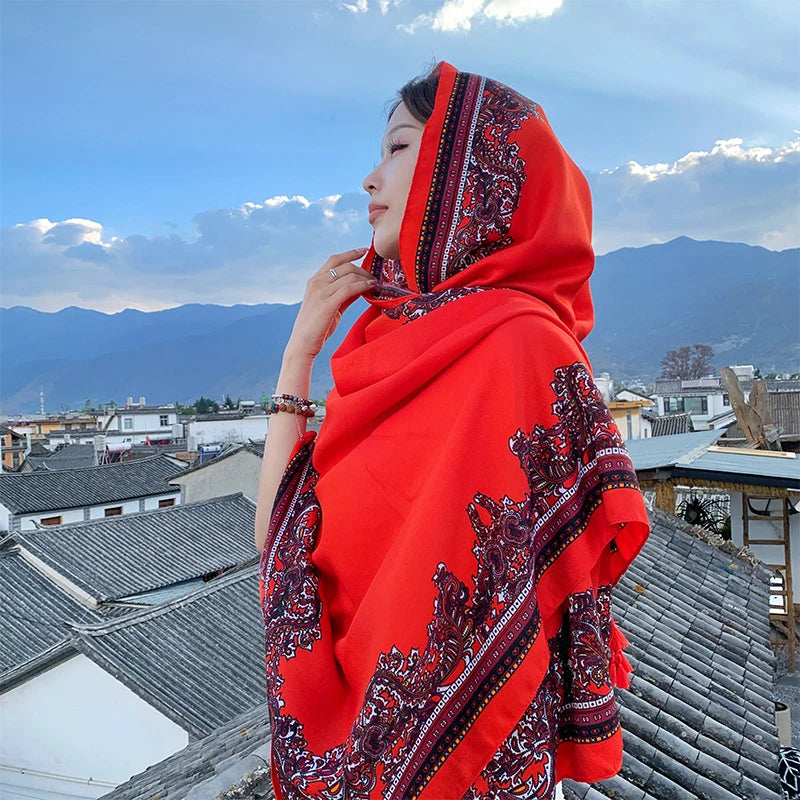 New Summer Elegant Women Silk Scarf Beach Wrap Shawl Vintage Red Print Lady Sunscreen Bandana Long Hijab Mujer Boho Scarve Pareo