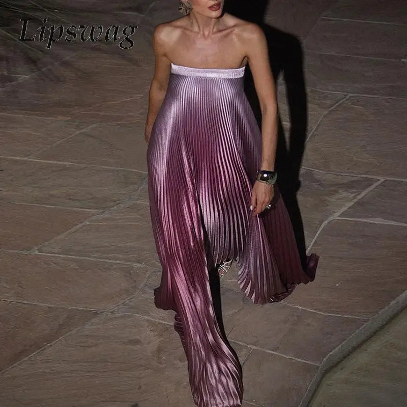 Women Elegant Big Hem One Shoulder Party Dress Show Style Pleated Gala Gowns Banquet New 2024 Gradient Tube Tops Evening Dress