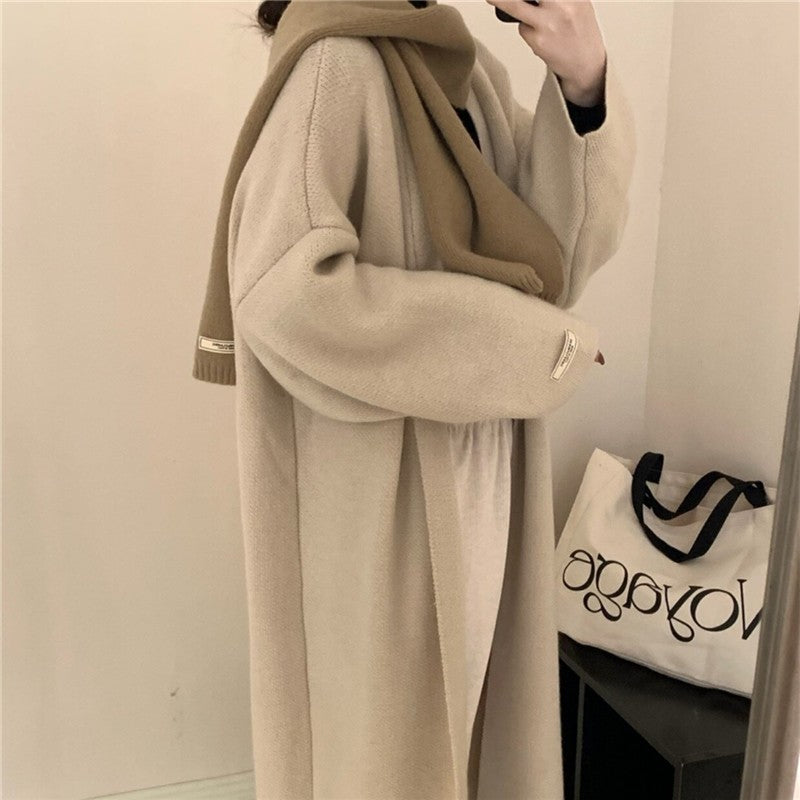 Oversized Solid Color Knee-Length Knit Cardigan Coat