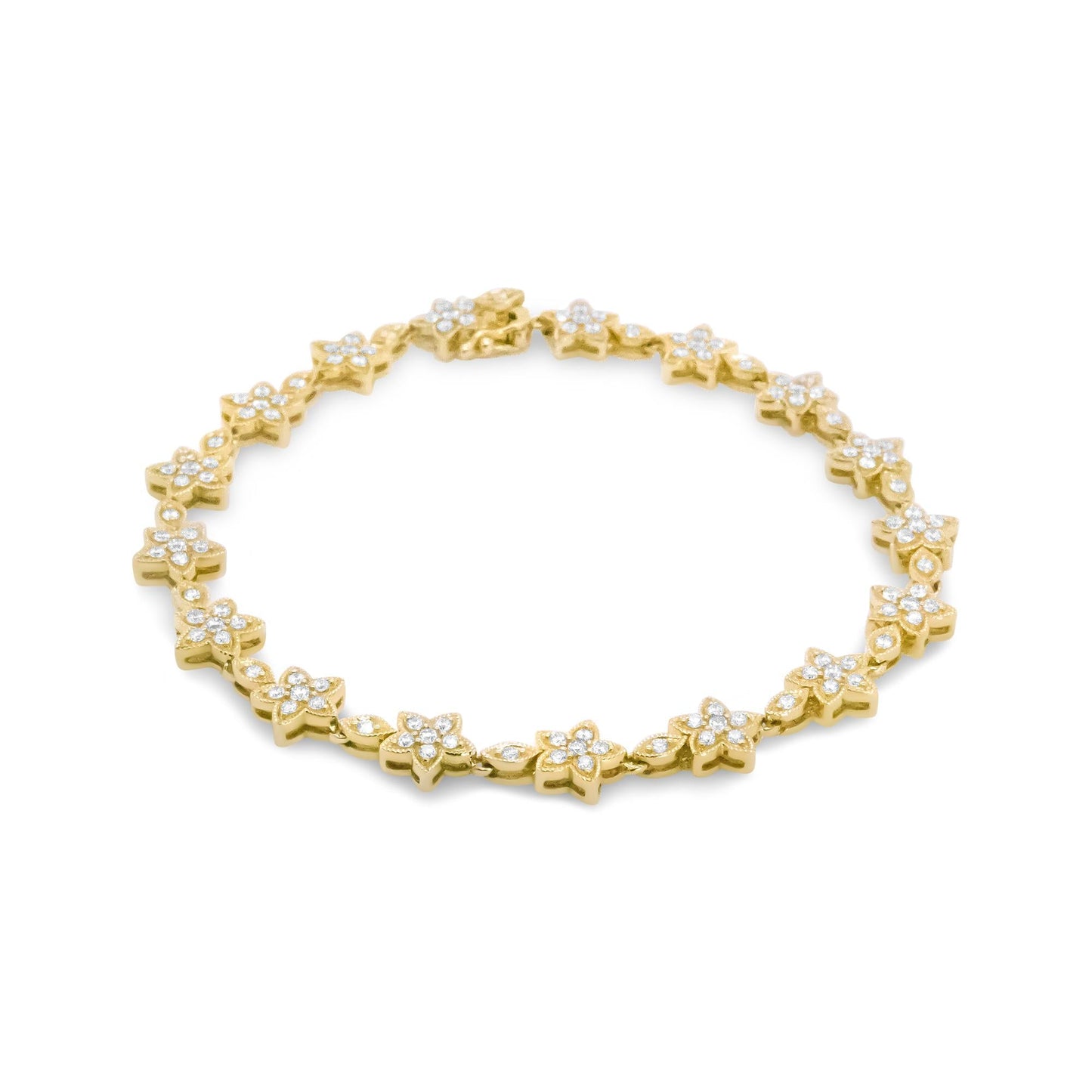 14K Gold 1 1/5 Cttw Round Diamond Floral Star-Shaped Link Bracelet