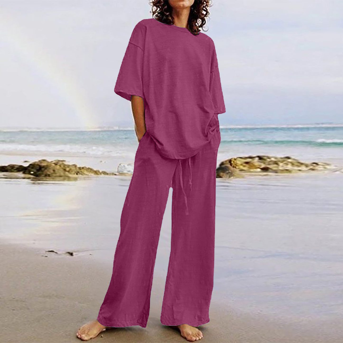 Cotton And Linen Home Solid Color Two-piece Suit
