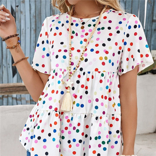 Colorful Polka Dot Print Short Sleeve Shirt