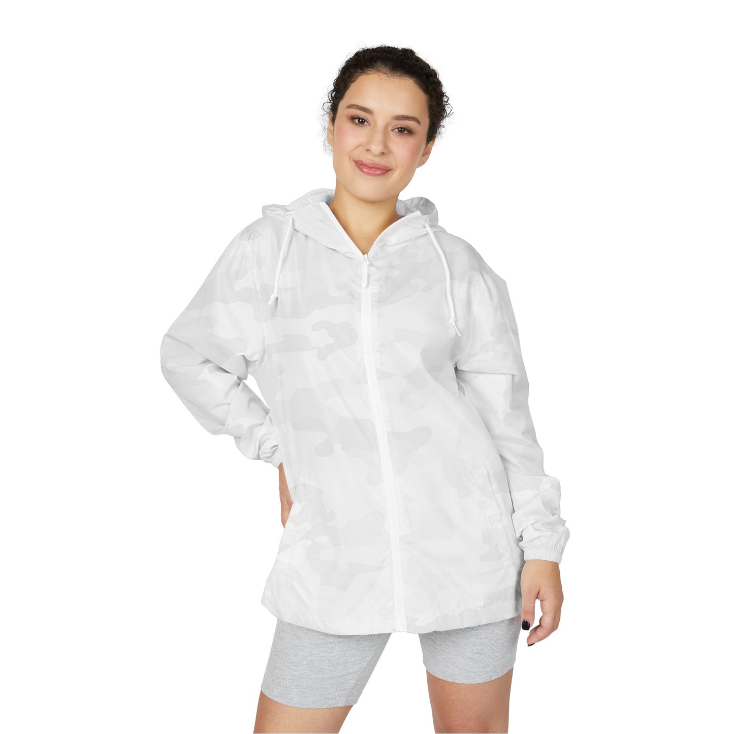 White Camo Windbreaker Jacket — Lightweight Full-Zip Hooded Outerwear