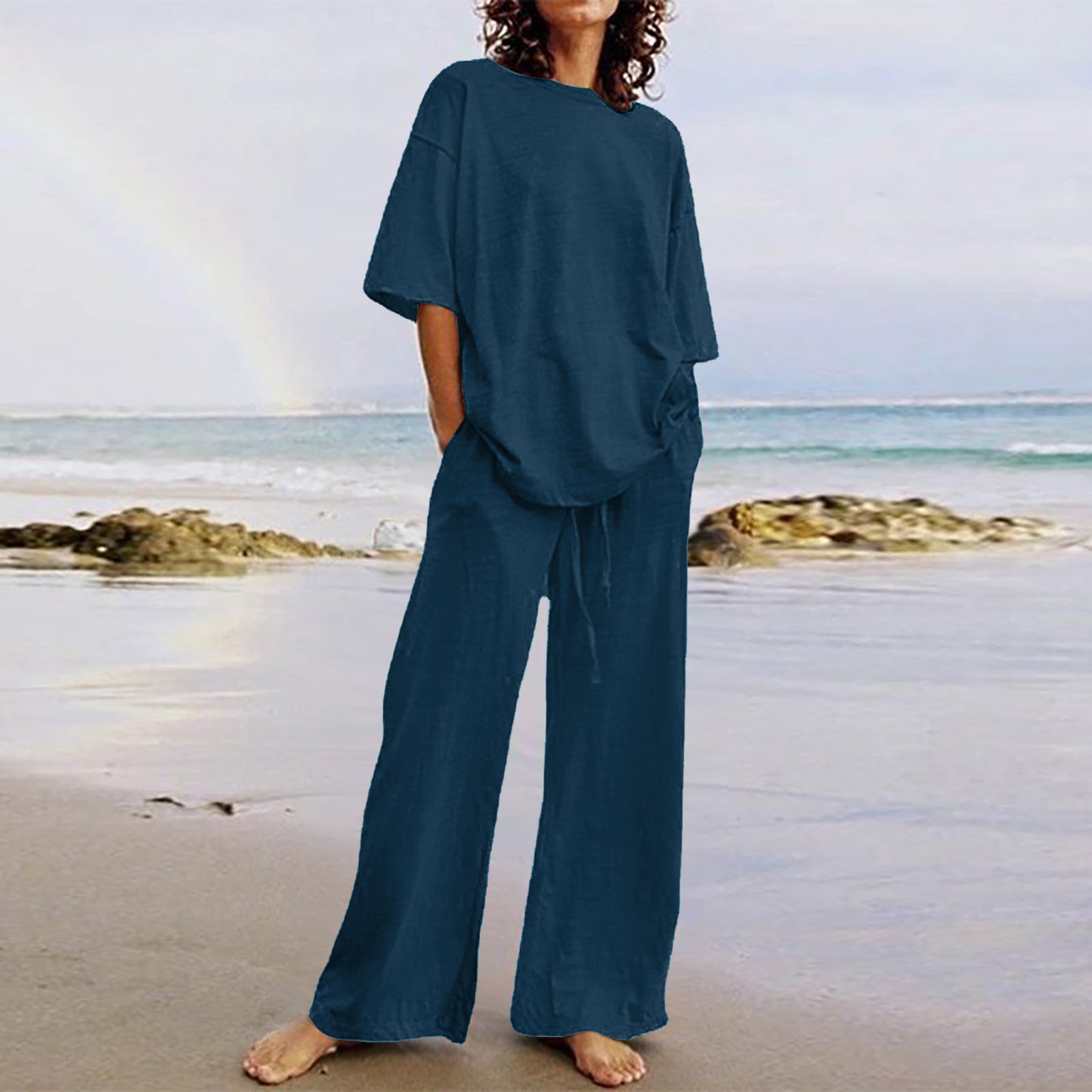 Cotton And Linen Home Solid Color Two-piece Suit
