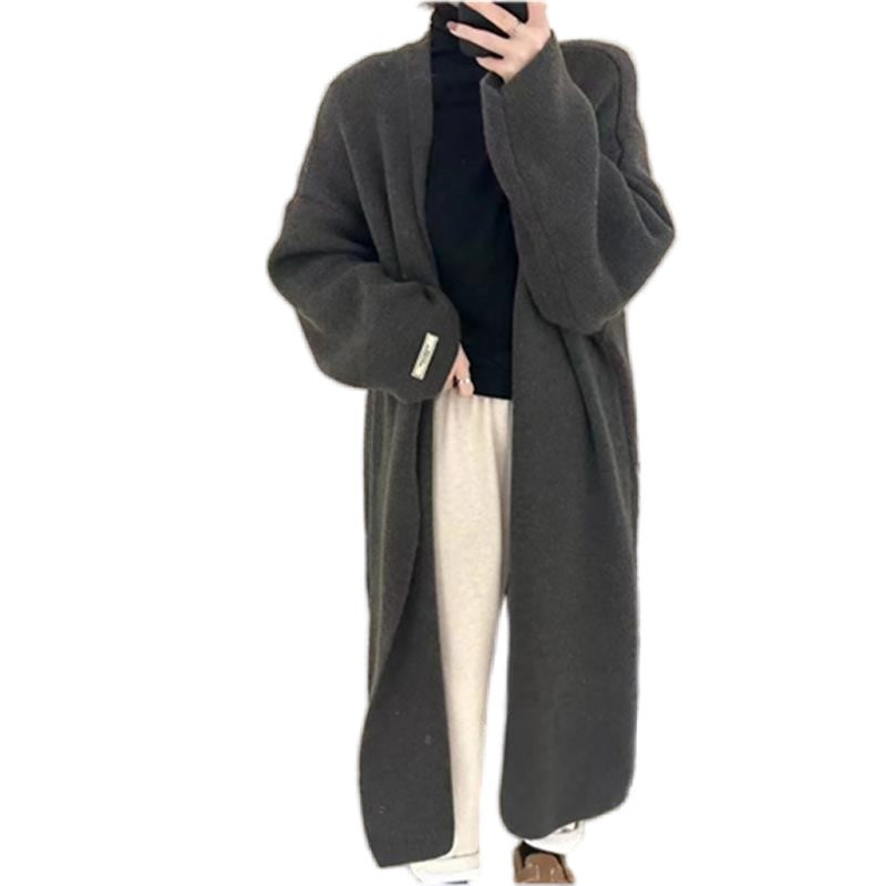Oversized Solid Color Knee-Length Knit Cardigan Coat