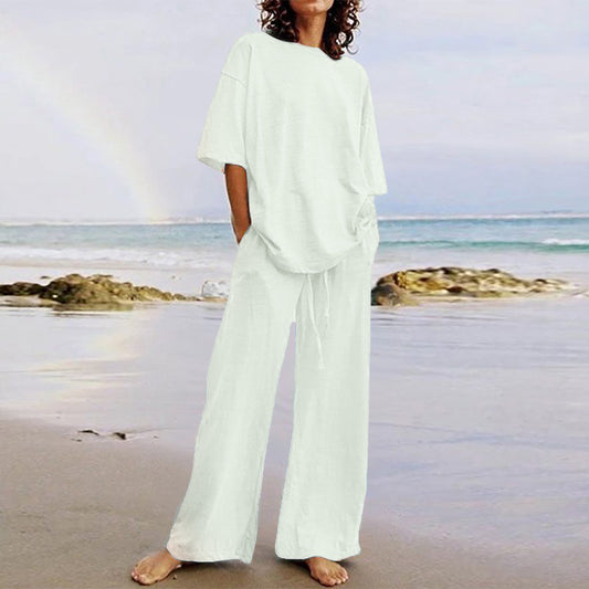 Cotton And Linen Home Solid Color Two-piece Suit
