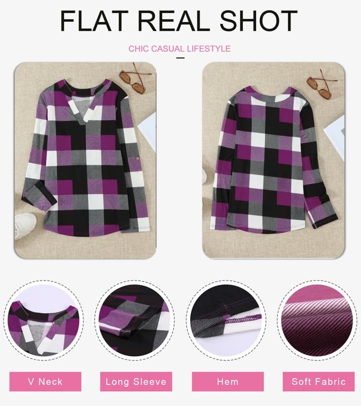 Dokotoo Womens Basic Casual V Neck Plaid Print Cuffed Long Sleeve Work Tops Blouses Shirts S-3XL