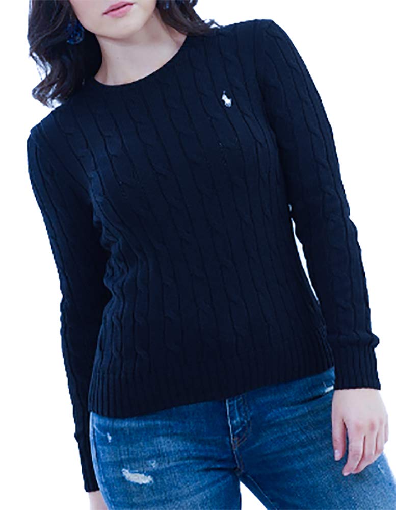 RALPH LAUREN Women's Crewneck Cable Knit Pony Logo Sweater