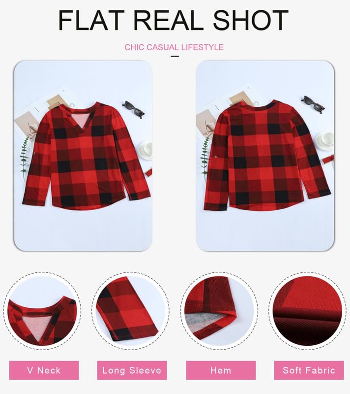 Dokotoo Womens Basic Casual V Neck Plaid Print Cuffed Long Sleeve Work Tops Blouses Shirts S-3XL